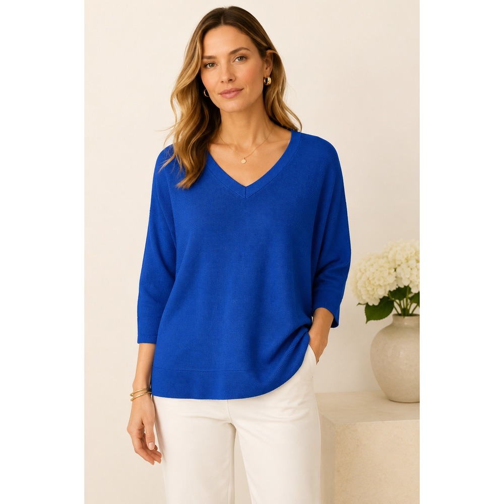 Talbots Women's Large Cobalt Blue V-Neck Tunic Sweater Cotton Rayon 3/4 Sleeve